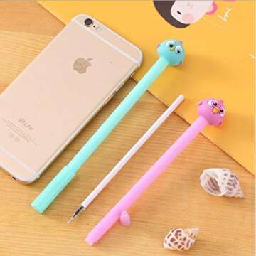 Gydthdeix 12 Pcs 0.38mm Colorful Cute Kawaii Adorable Bird Animal Cartoon Plastic Silicone Black Ballpoint Writing Gel Ink Pens for Office School Children Kid Gift Stationery Supplies Set
