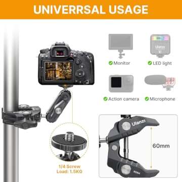 R094 Super Clamp Multi-Functional Camera C Clamp Mount, 1/4" Ball Head Monitor Mount 3/8" Hole Adjustable Video Shooting, Mobile Clamp for INSTA360 Action Cameras, Vlog Cam Selfie Live Streaming