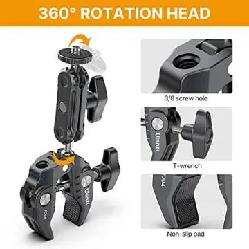 R094 Super Clamp Multi-Functional Camera C Clamp Mount, 1/4" Ball Head Monitor Mount 3/8" Hole Adjustable Video Shooting, Mobile Clamp for INSTA360 Action Cameras, Vlog Cam Selfie Live Streaming
