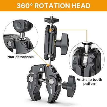 R094 Super Clamp Multi-Functional Camera C Clamp Mount, 1/4" Ball Head Monitor Mount 3/8" Hole Adjustable Video Shooting, Mobile Clamp for INSTA360 Action Cameras, Vlog Cam Selfie Live Streaming