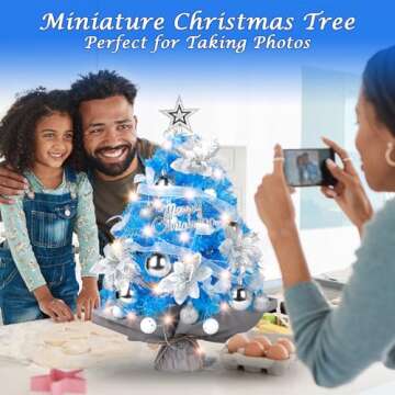 Mini Christmas Tree with Lights: 2ft Small Blue Christmas Tree, Tabletop Artificial Xmas Tree with Star Treetopper, LED String Light & Hanging Ornaments, for Desk Christmas Decors Home Office Party