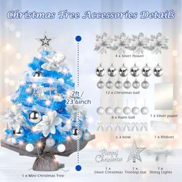 Mini Christmas Tree with Lights: 2ft Small Blue Christmas Tree, Tabletop Artificial Xmas Tree with Star Treetopper, LED String Light & Hanging Ornaments, for Desk Christmas Decors Home Office Party