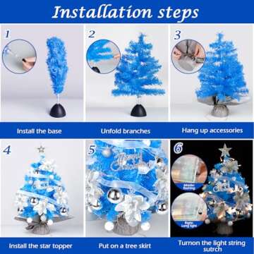 Mini Christmas Tree with Lights: 2ft Small Blue Christmas Tree, Tabletop Artificial Xmas Tree with Star Treetopper, LED String Light & Hanging Ornaments, for Desk Christmas Decors Home Office Party