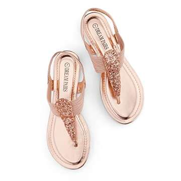 DREAM PAIRS Spparkly Womens Elastic Strappy String Thong Ankle Strap Summer Gladiator Sandal Champagne/Gold - 9