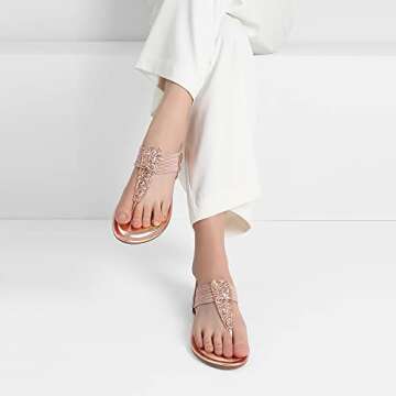 DREAM PAIRS Spparkly Womens Elastic Strappy String Thong Ankle Strap Summer Gladiator Sandal Champagne/Gold - 9