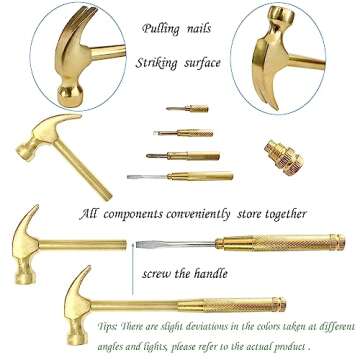 Small Hammer 6 in 1 Metal Hammer & Screwdriver, Multitool Camping Hammer Set Screwdriver Hammers Tools Mini Hammer with Screwdriver Hammers Hand Tools Multitool Hammer (Gold)