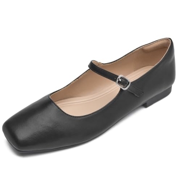 WONDERWAY Women Mary Jane Shoes – Stylish Slip On Ankle Strap Flats (Black, 9.5)