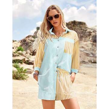 Zeagoo Women’s 2 Piece Lounge Tracksuit Outfit Sets Cotton Linen High Low Shirt and Drawstring Casual Shorts Set