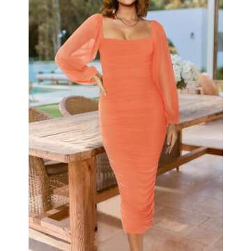 ZESICA Women's Sexy Ruched Bodycon Midi Dress Long Puff Sleeve Square Neck Backless Cocktail Party W...