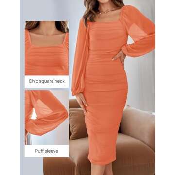 ZESICA Women's Sexy Ruched Bodycon Midi Dress Long Puff Sleeve Square Neck Backless Cocktail Party Wedding Dresses,Orange,Small