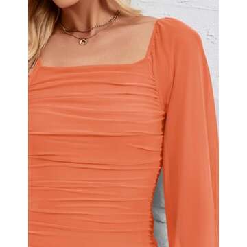 ZESICA Women's Sexy Ruched Bodycon Midi Dress Long Puff Sleeve Square Neck Backless Cocktail Party Wedding Dresses,Orange,Small