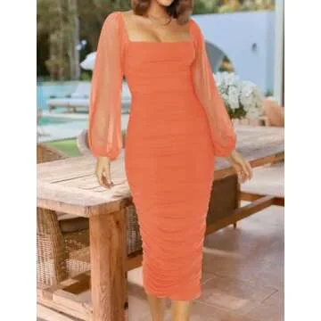 ZESICA Women's Sexy Ruched Bodycon Midi Dress Long Puff Sleeve Square Neck Backless Cocktail Party Wedding Dresses,Orange,Small