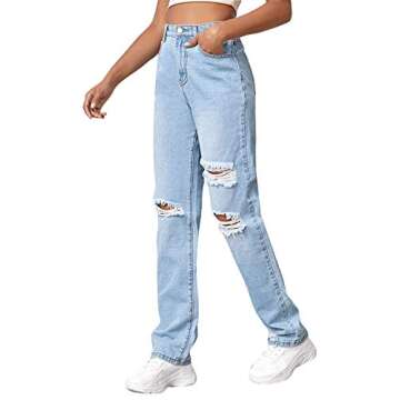 SweatyRocks Women's Ripped Straight Leg Jeans High Waist Distressed Cutout Denim Pants Light Blue L