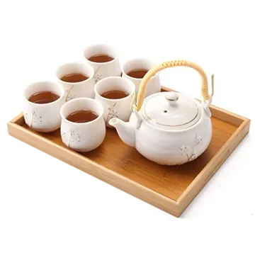 Dujust Japanese White Porcelain Tea Set: 1 Teapot, 6 Cups, 1 Tray, Infuser - Elegant Gift for Tea Lo...
