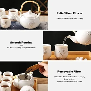 Dujust Japanese White Porcelain Tea Set with Golden Plum Design