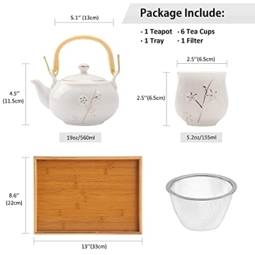 Dujust Japanese White Porcelain Tea Set with Golden Plum Design