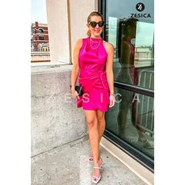 ZESICA Women's 2024 Fashion Satin Sleeveless Halter Neck Tie Waist Wrap Bodycon Cocktail Party Mini Dress,Rose,Small