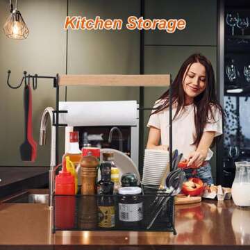 VIKEYHOME Grill Caddy, Picnic BBQ Organizer for Camping Outdoor Mesh Basket with 3 Hanging Hooks and Paper Towel Holder, Ideal Table Storage Tools for RV Camper/Tailgating/Flatware