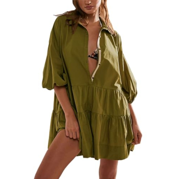 Mingzhu Women's Summer Tiered Puff Sleeve Shirtdress - Flowy A-line Mini Dress