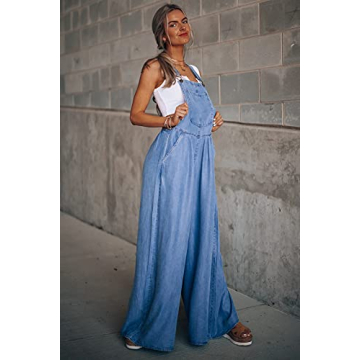 utcoco Women's Casual Loose Denim Overalls Adjustable Strap Wide Leg Bib Jean Overalls Jumpsuit with Pockets (Small, Blue)