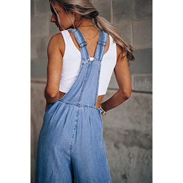 utcoco Women's Casual Loose Denim Overalls Adjustable Strap Wide Leg Bib Jean Overalls Jumpsuit with Pockets (Small, Blue)