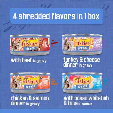 Purina Friskies Gravy Wet Cat Food Variety Pack, Savory Shreds With Beef, Turkey and Cheese Dinner, Chicken and Salmon Dinner, With Ocean Whitefish and Tuna - (Pack of 32) 5.5 oz. Cans