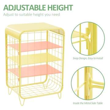 SYKIARIOL Metal Side Table,Cute Nightstand,3 Tier End Table with Storage,Vintage Bedside Table,Girls Bedroom Furniture,Accent Table,Small Coffee Table for Living Room,Bedroom,Dorm,Yellow