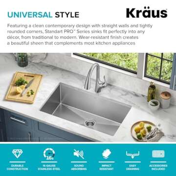 Kraus KHU100-32 Standart PRO 16 Gauge Undermount Single Bowl Stainless Steel Kitchen Sink, 32 Inch