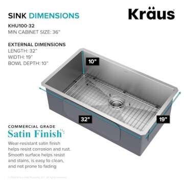 Kraus KHU100-32 Standart PRO 16 Gauge Undermount Single Bowl Stainless Steel Kitchen Sink, 32 Inch