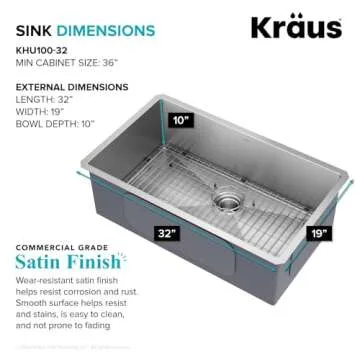 Kraus KHU100-32 Standart PRO 16 Gauge Undermount Single Bowl Stainless Steel Kitchen Sink, 32 Inch