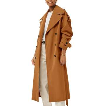 Farktop Womens Oversized Long Trench Coat Double Breasted Lapel Windproof Overcoat with Belt
