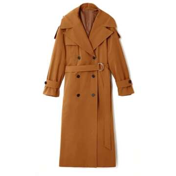 Farktop Womens Oversized Long Trench Coat Double Breasted Lapel Windproof Overcoat with Belt