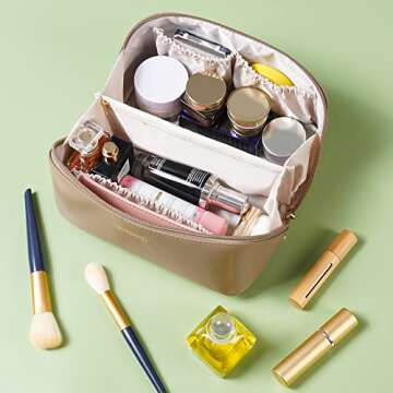 Nhmpretty Large Capacity Travel Cosmetic Bag - Makeup Bag, PU Leather Waterproof Cosmetic Bags, Women Portable Travel Makeup Bag With Handle and Divider Flat Lay make up bag (Z-Coffee)