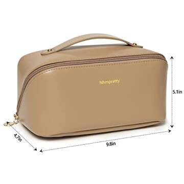 Nhmpretty Large Capacity Travel Cosmetic Bag - Makeup Bag, PU Leather Waterproof Cosmetic Bags, Women Portable Travel Makeup Bag With Handle and Divider Flat Lay make up bag (Z-Coffee)