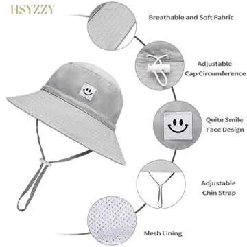Baby Sun Hat Toddler Summer UPF 50+ Sun Protection Baby Boy Beach Hats Adjustable Baby Girl Wide Brim Kid Bucket Cap Gray+White