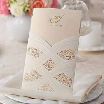 Hosmsua 50PCS Blank Wedding Invitations Kit Laser Cut light Gold Hollow Foil Flora Lace Sleeve Pocke...