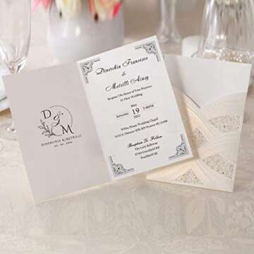 Hosmsua 50PCS Blank Wedding Invitations Kit Laser Cut light Gold Hollow Foil Flora Lace Sleeve Pocket with Envelopes for Quinceanera Wedding Invitation (Beige, 50PCS)