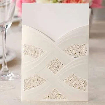 Hosmsua 50PCS Blank Wedding Invitations Kit Laser Cut light Gold Hollow Foil Flora Lace Sleeve Pocket with Envelopes for Quinceanera Wedding Invitation (Beige, 50PCS)