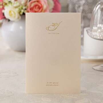 Hosmsua 50PCS Blank Wedding Invitations Kit Laser Cut light Gold Hollow Foil Flora Lace Sleeve Pocket with Envelopes for Quinceanera Wedding Invitation (Beige, 50PCS)