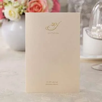 Hosmsua 50PCS Blank Wedding Invitations Kit Laser Cut light Gold Hollow Foil Flora Lace Sleeve Pocket with Envelopes for Quinceanera Wedding Invitation (Beige, 50PCS)