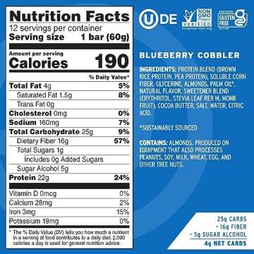 No Cow High Protein Bars, Blueberry Cobbler - Healthy Snacks, 20g Vegan Protein, High Fiber, Low Sugar, Keto Friendly, Dairy & Gluten Free (12 Count)