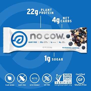 No Cow High Protein Bars, Blueberry Cobbler - Healthy Snacks, 20g Vegan Protein, High Fiber, Low Sugar, Keto Friendly, Dairy & Gluten Free (12 Count)