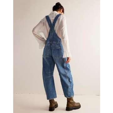 Qazel Vorrlon Denim Overalls for Women Barrel Wide Leg Bib Baggy Jeans Adjustable Denim Romper Stretch Jumpsuit Y2K Pants