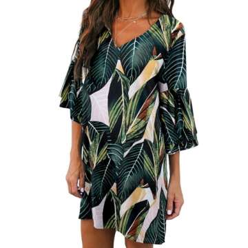 BELONGSCI Women's 2023 Summer Dress Sweet & Cute V-Neck Bell Sleeve Shift Dress Mini Dress, Perfect for Wedding or Graduation