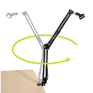 Selfie Microphone Arm Stand, Microphone Adjustable Desk Suspension Boom Scissor Arm with Mic Clip Holder & Table Mounting Clamp, heavy duty Microphone Mount for DJ, music recorder and computer PC game