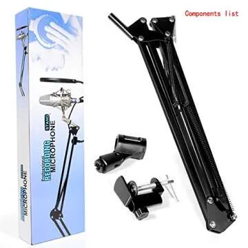 Selfie Microphone Arm Stand, Microphone Adjustable Desk Suspension Boom Scissor Arm with Mic Clip Holder & Table Mounting Clamp, heavy duty Microphone Mount for DJ, music recorder and computer PC game