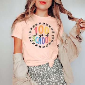 100 Days of School Shirt Teacher Happy 100th Day of School Tshirt Women Casual Teacher Life Tee Tops Pink