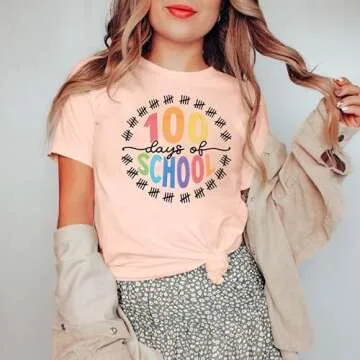 100 Days of School Shirt Teacher Happy 100th Day of School Tshirt Women Casual Teacher Life Tee Tops Pink