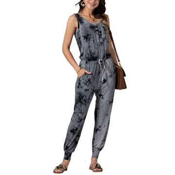 WEKILI Women’s Round-Neck Sleeveless Romper Elastic Waist Stretchy Casual Loose Long Pants with Pockets Jumpsuit Tie Dye Black M