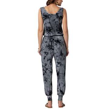 WEKILI Women’s Round-Neck Sleeveless Romper Elastic Waist Stretchy Casual Loose Long Pants with Pockets Jumpsuit Tie Dye Black M